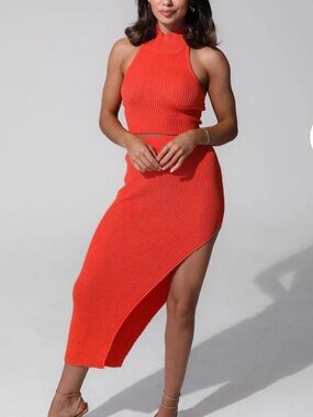 🧡🔥 2 piece set Ribbed Asymmetrical Orange Knit Mock Top & Skirt Large Sold Out
